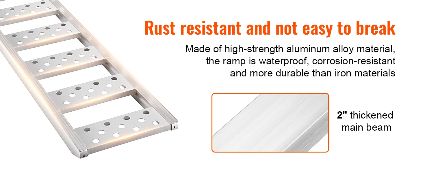 VEVOR aluminum loading ramps, rust-resistant, waterproof, corrosion-resistant, and durable 2" thick beam.