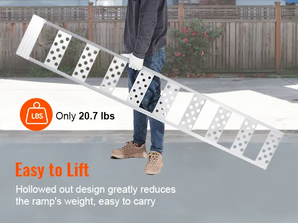 VEVOR aluminum loading ramps are lightweight at 20.7 lbs, featuring a hollowed-out design for easy carrying.