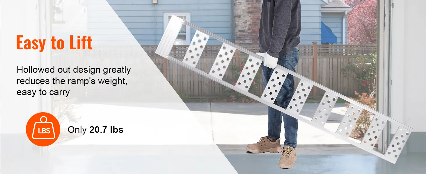 VEVOR aluminum loading ramps are lightweight at 20.7 lbs, featuring a hollowed-out design for easy carrying.