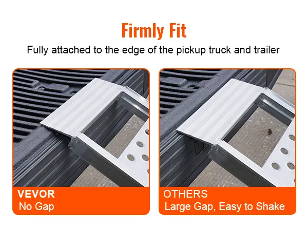 VEVOR aluminum loading ramps firmly fitted on a pickup truck edge compared to other ramps with a large gap.