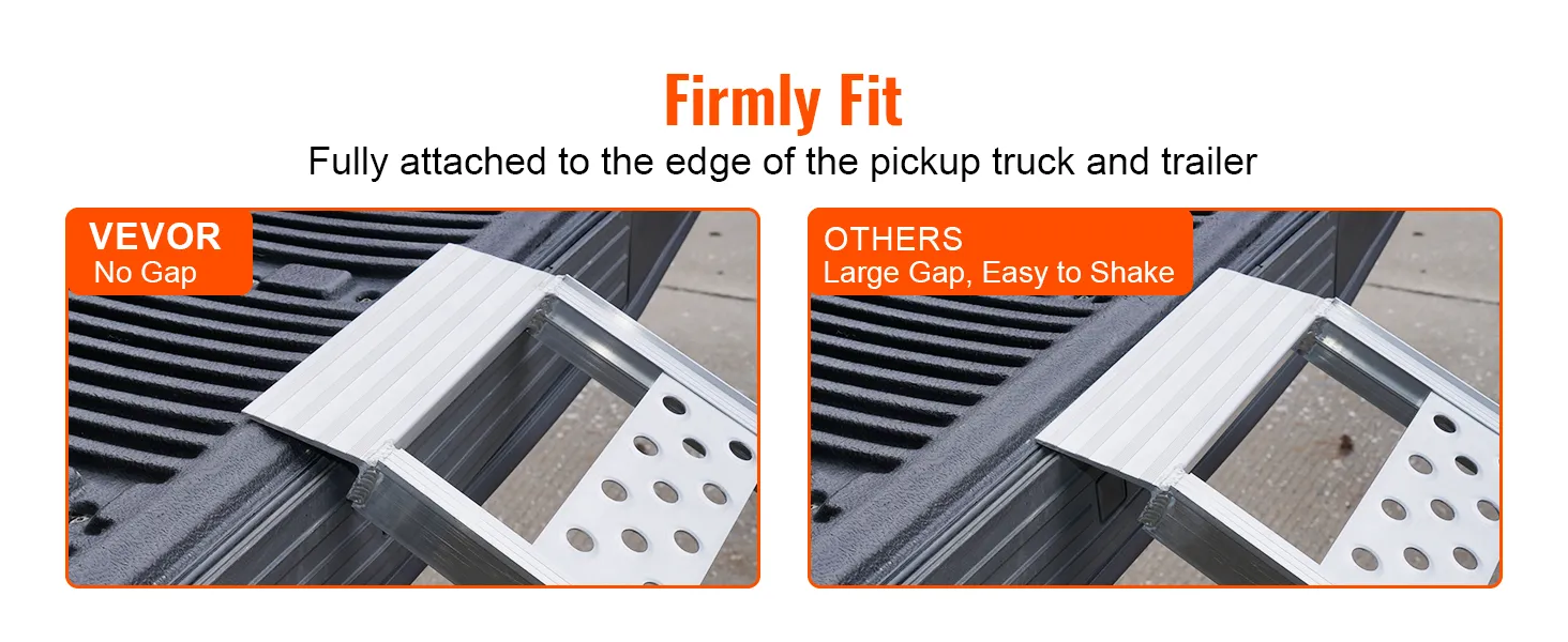 VEVOR aluminum loading ramps firmly fitted on a pickup truck edge compared to other ramps with a large gap.