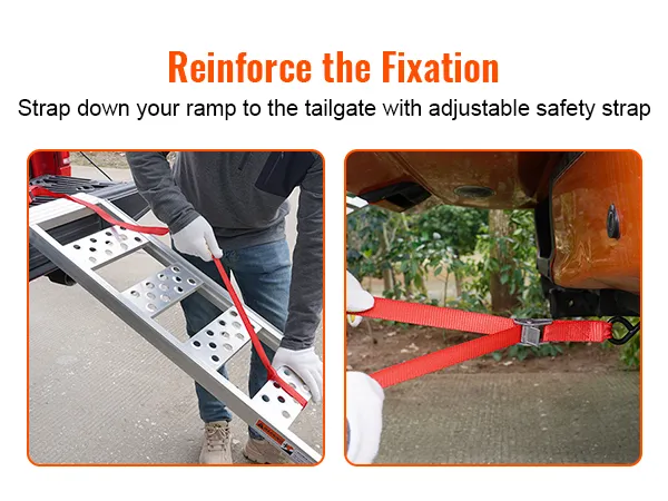 tailgate secured with adjustable safety strap on VEVOR aluminum loading ramps.