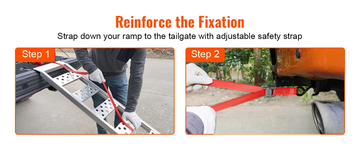 tailgate secured with adjustable safety strap on VEVOR aluminum loading ramps.
