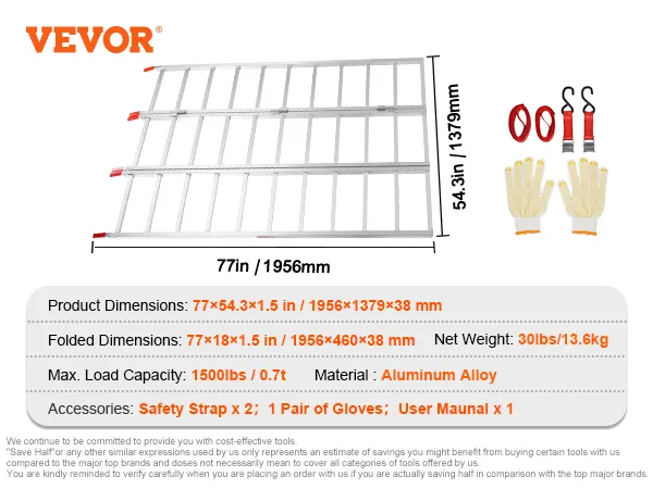 Rampa di carico in alluminio VEVOR, dimensioni 77x54,3x1,5 pollici, cinghie di sicurezza, guanti e manuale utente inclusi.