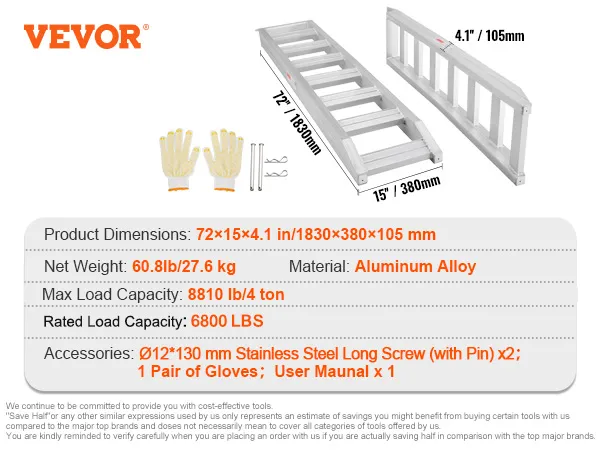 Rampas de aluminio VEVOR, dimensiones 72"x15"x4.1", carga máxima 8810 lb, peso neto 60.8 lb, incluye guantes.