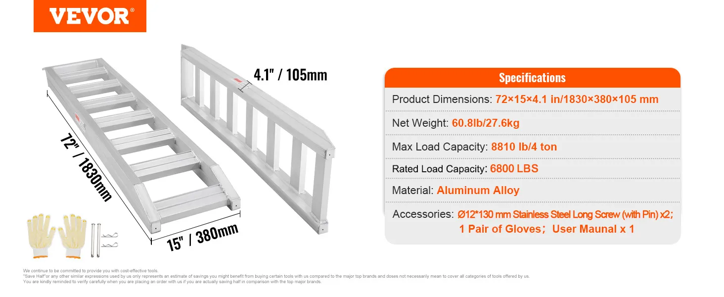 Rampas de aluminio VEVOR, dimensiones 72"x15"x4.1", carga máxima 8810 lb, peso neto 60.8 lb, incluye guantes.