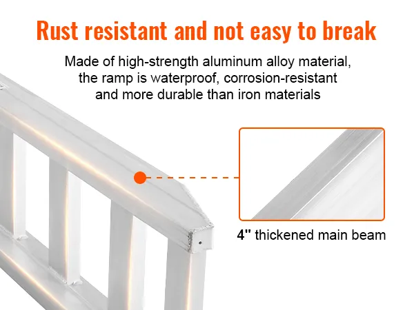 Rampas de aluminio VEVOR destacadas por ser resistentes a la oxidación con una viga principal engrosada de 4" y un diseño duradero.