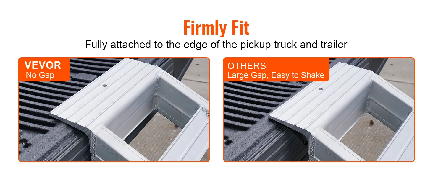 Rampas de aluminio VEVOR sin espacio para un ajuste firme en la camioneta; otras tienen espacios grandes e inestabilidad.