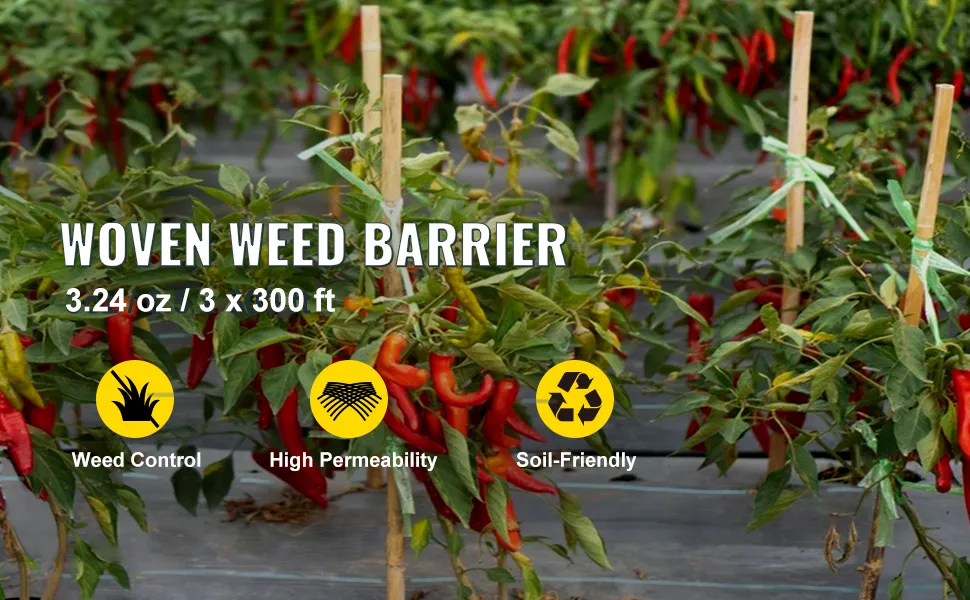 VEVOR onkruidwerend doek in een tuin met peperplanten, 3,24 oz, 3 rollen van 300 ft.