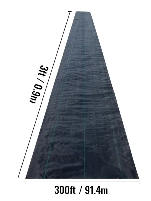VEVOR onkruidwerend doek, 300ft lang, 3ft breed, zwart met groene strepen.