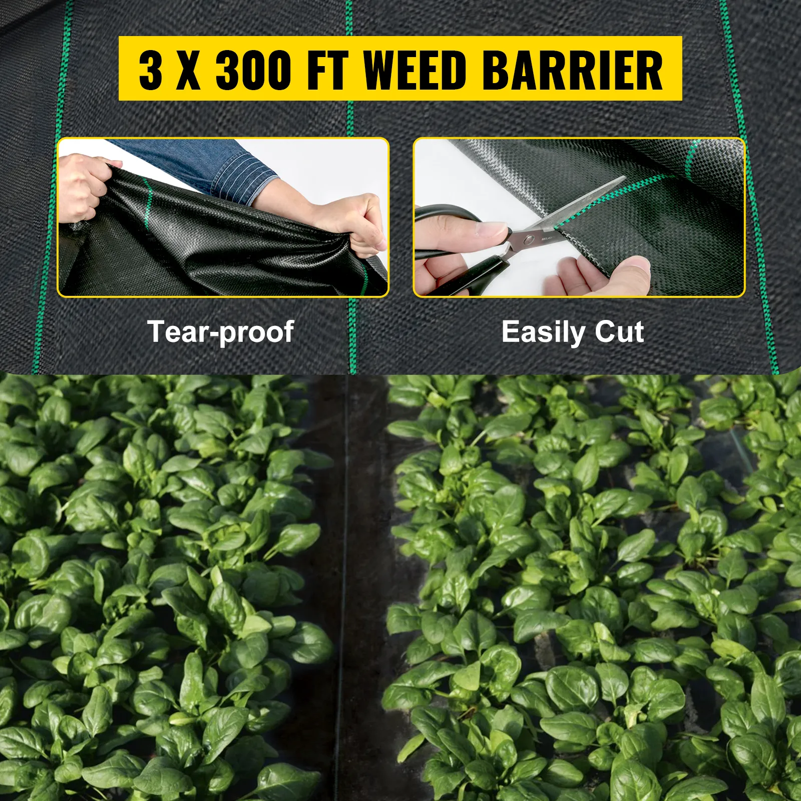 VEVOR onkruidwerend doek 3x300 ft, scheurvast, gemakkelijk te snijden, voor gebruik in de tuin.