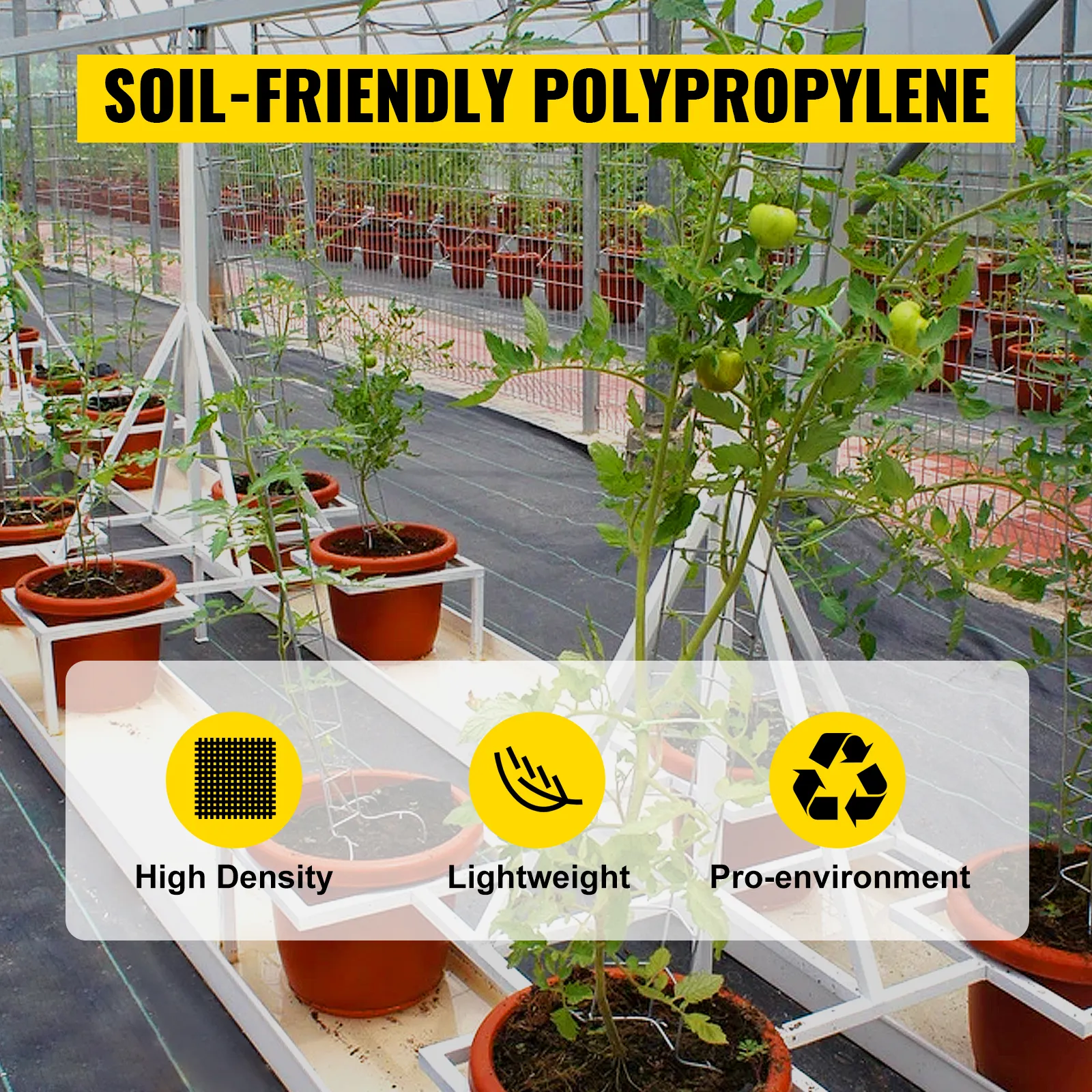 VEVOR-onkruidwerende stof in een tuin met potplanten laat de voordelen ervan zien.