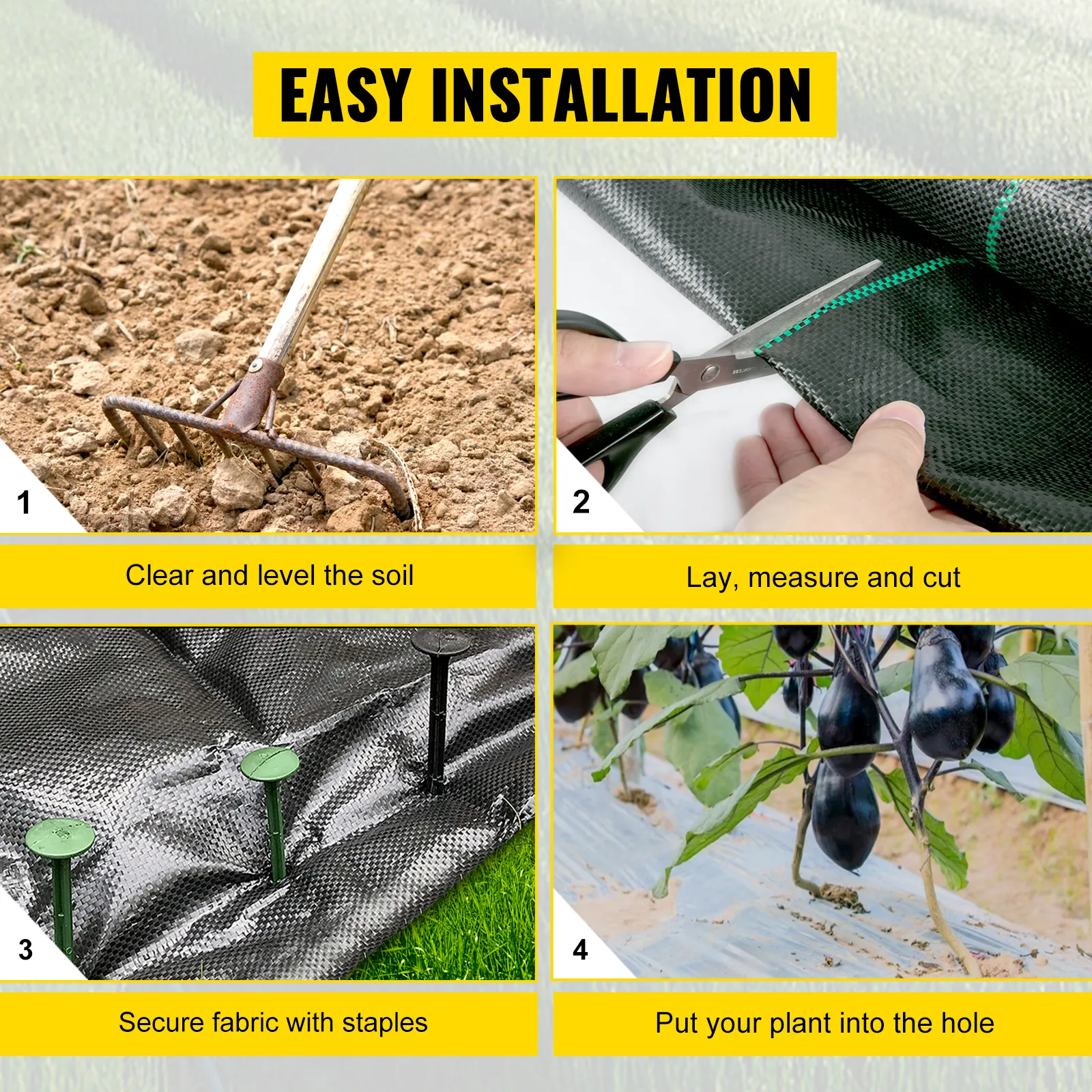 Eenvoudige installatiehandleiding: maak de grond schoon, leg het VEVOR-onkruidwerende doek neer, snijd het door, bevestig het en plant het.