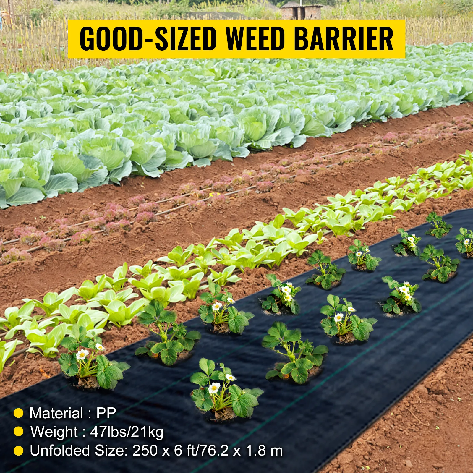 VEVOR weed barrier fabric in vegetable garden with various crops and listed specifications.