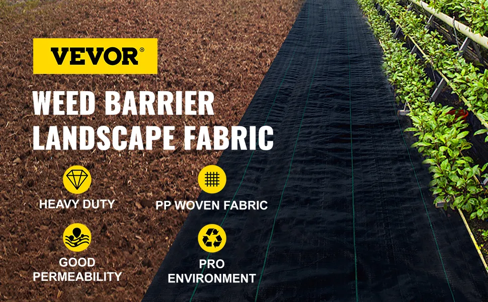 Tela de barrera contra malezas VEVOR con material tejido de polipropileno resistente, buena permeabilidad, favorable al medio ambiente.