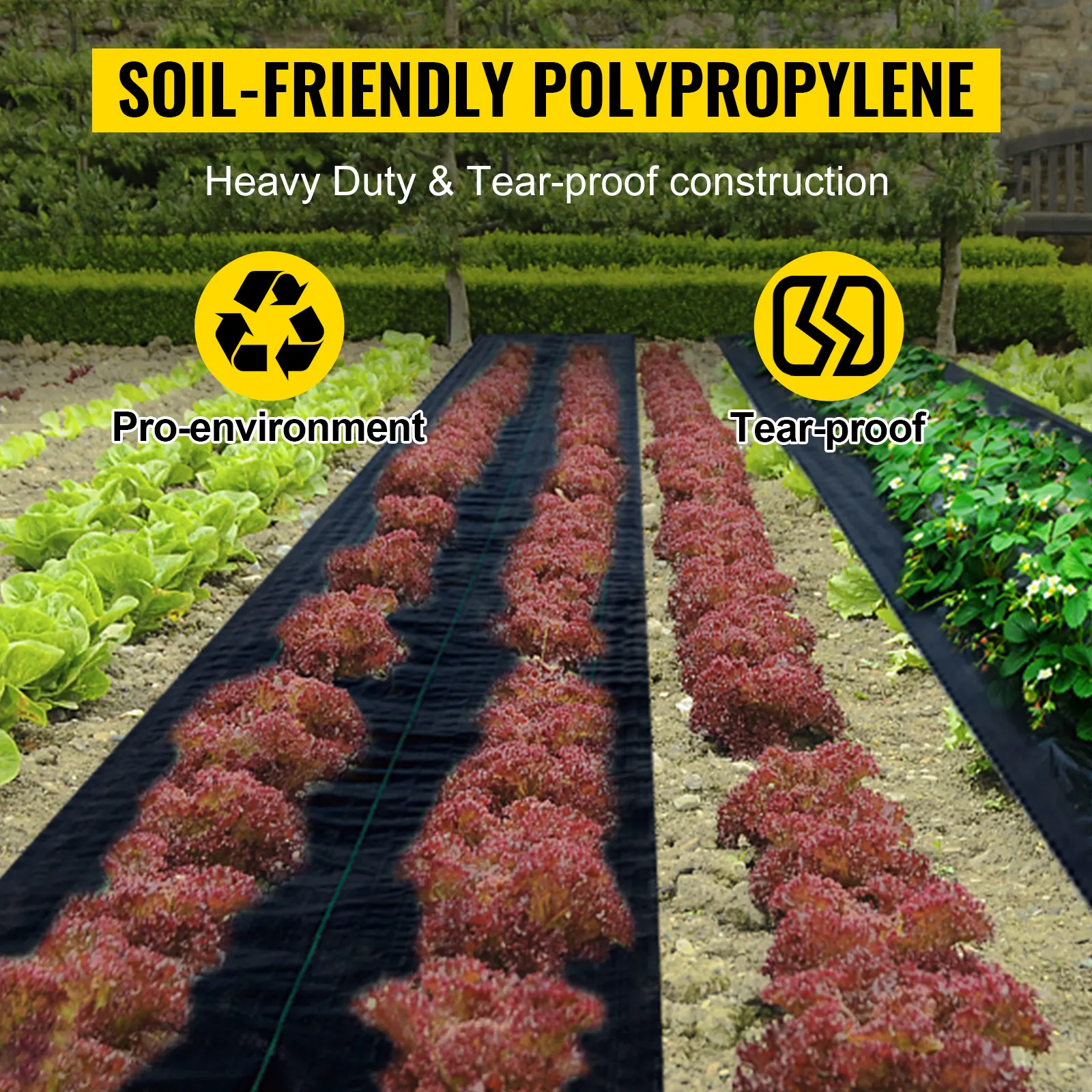 Tejido antimaleza VEVOR en un jardín con propiedades respetuosas con el medio ambiente y a prueba de desgarros.