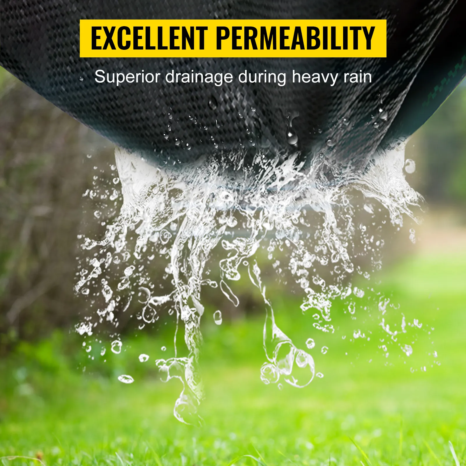 Tejido de barrera contra malezas VEVOR que demuestra una excelente permeabilidad y drenaje.