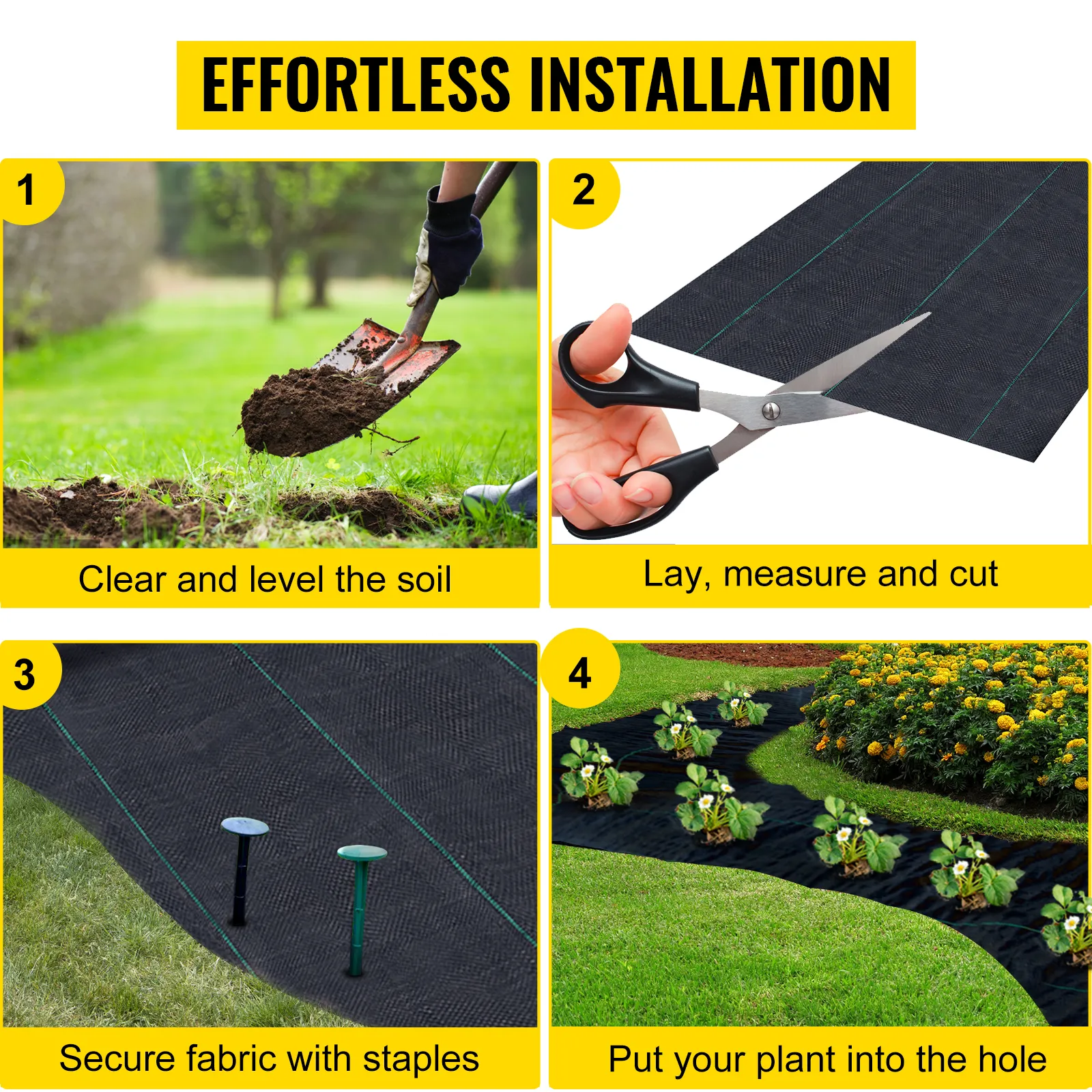 Instalación sin esfuerzo de la tela protectora contra malezas VEVOR en cuatro sencillos pasos.