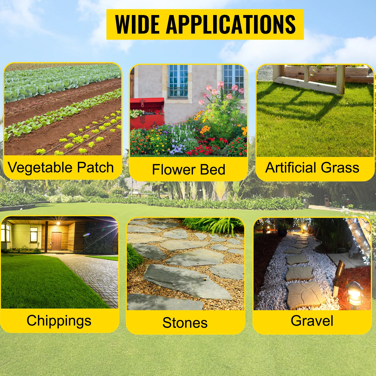 Amplias aplicaciones de la tela de barrera contra malezas VEVOR: huerto, macizo de flores, césped artificial.