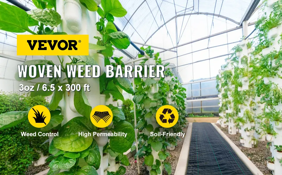VEVOR weed barrier fabric in a greenhouse with vertical plant growth.