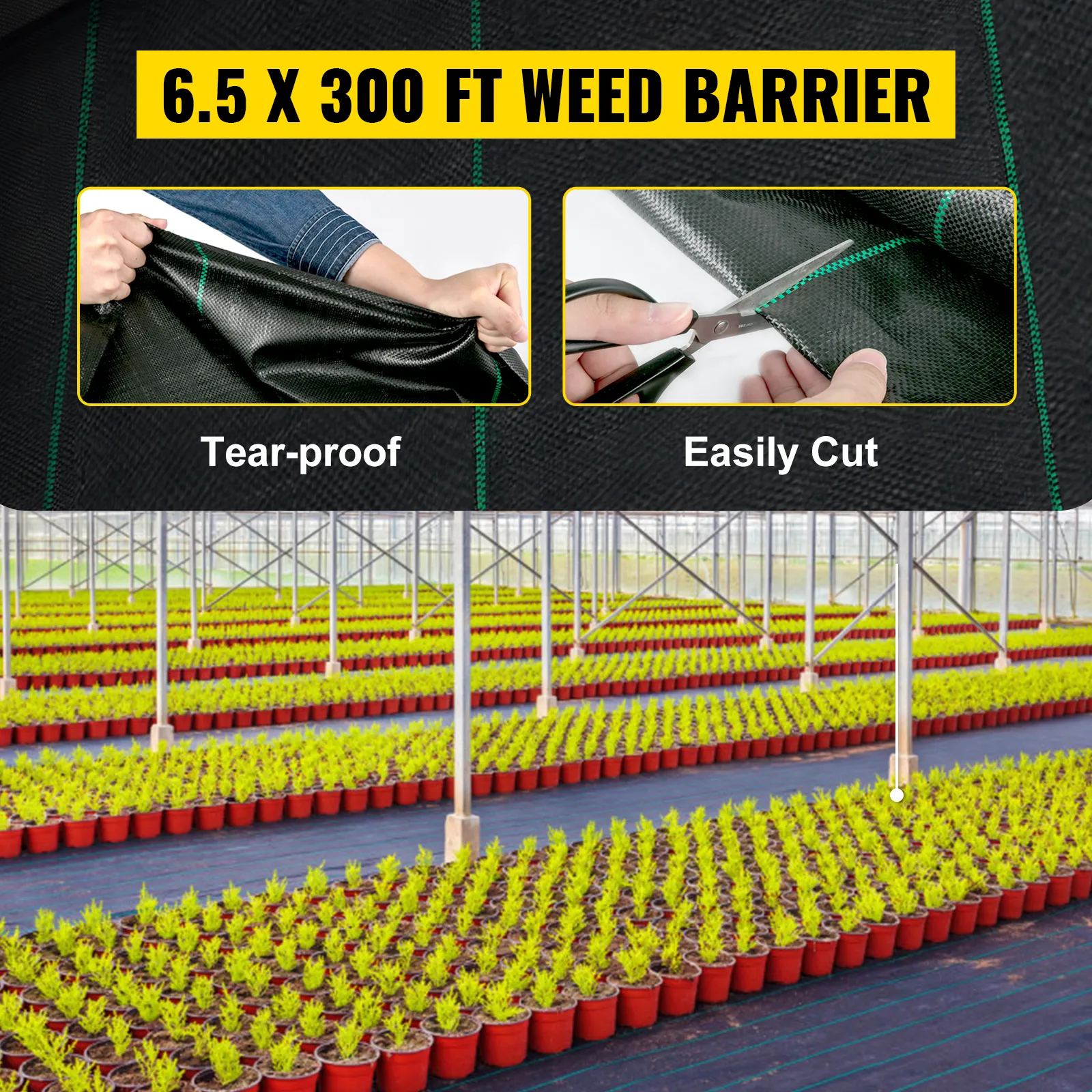VEVOR weed barrier fabric displayed in tear-proof and easily cut options with plants.