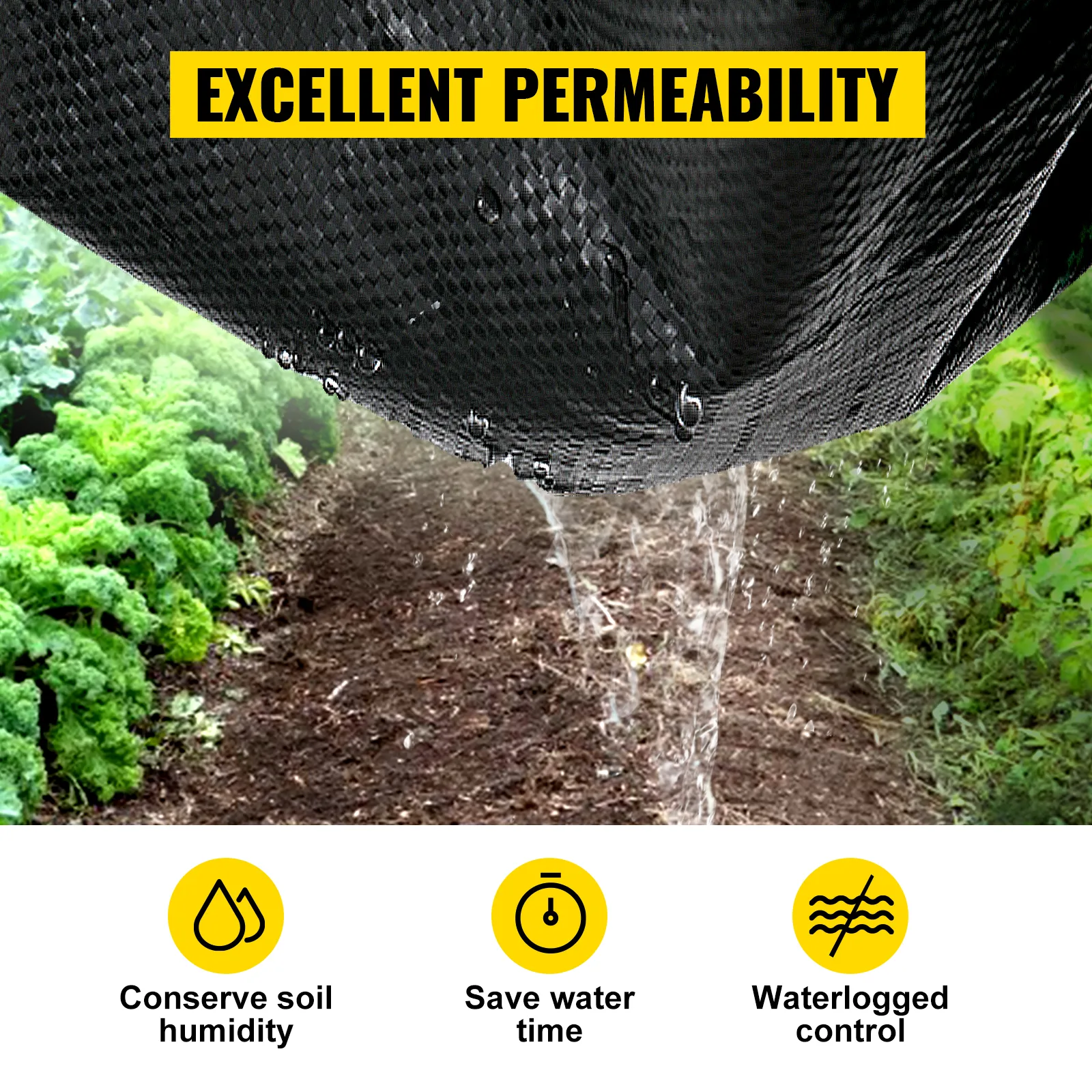 VEVOR weed barrier fabric ensures excellent permeability for garden soil humidity.