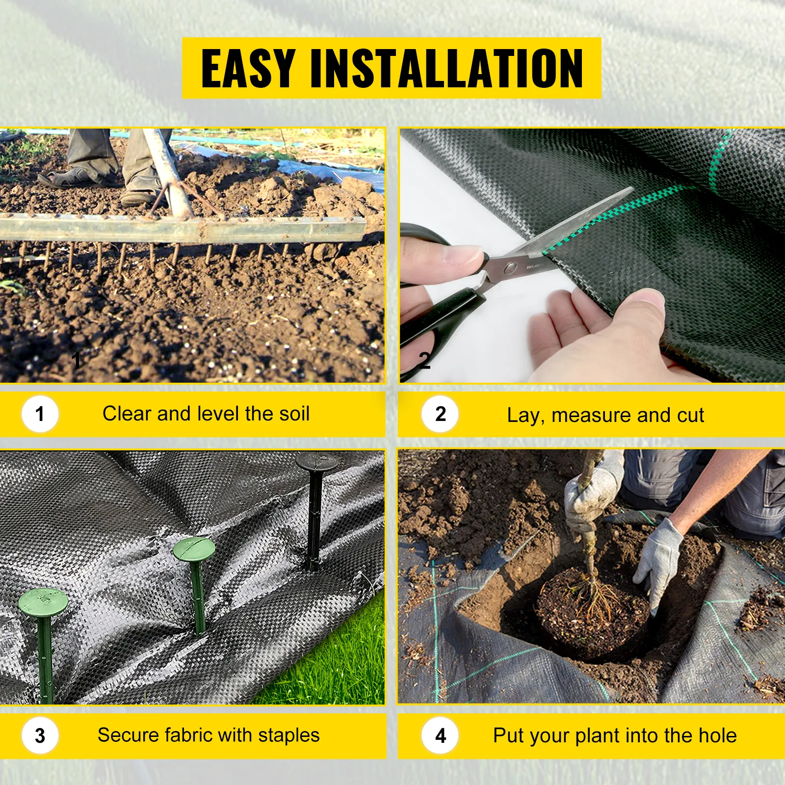 easy installation of VEVOR weed barrier fabric: clear soil, lay, measure, cut, secure.