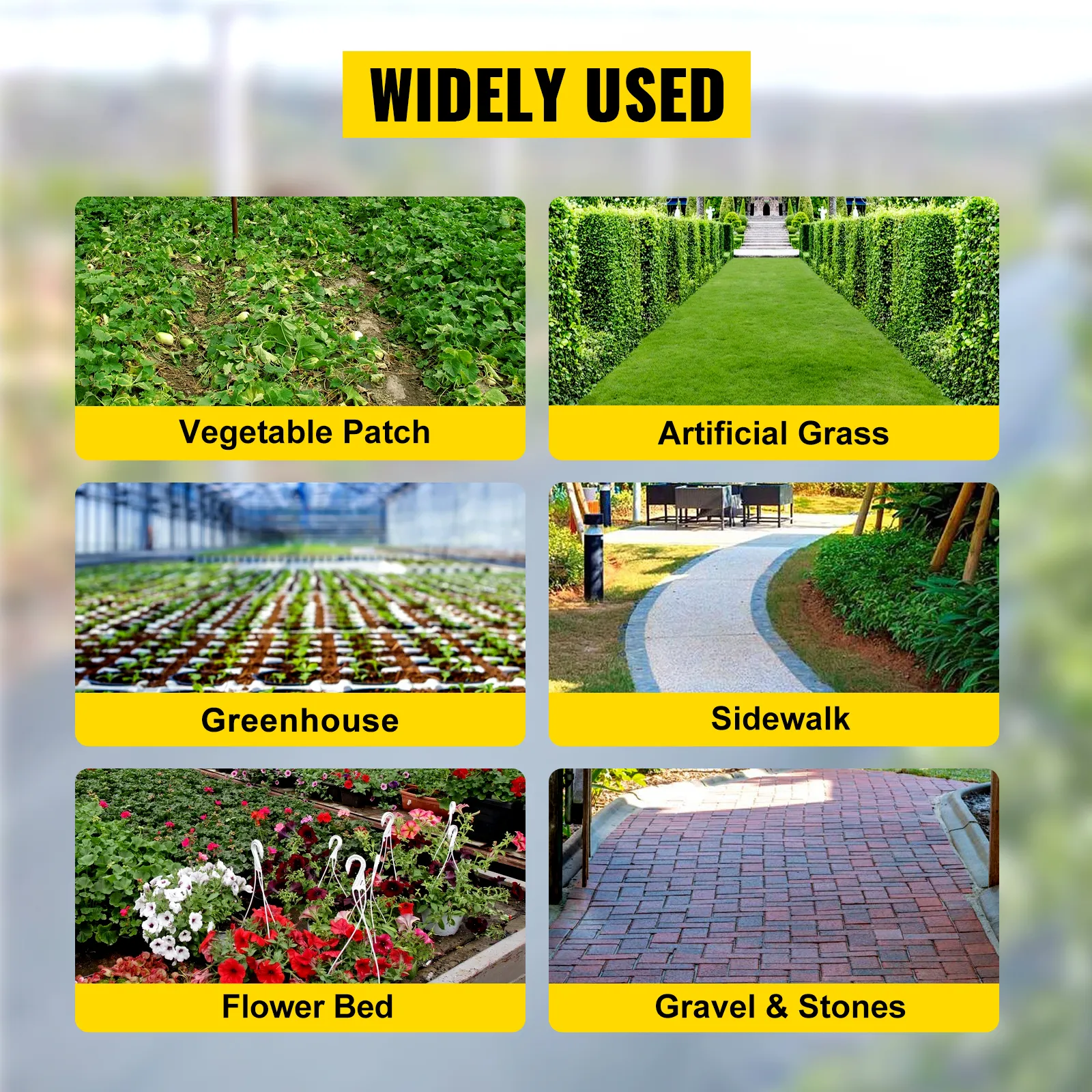 VEVOR weed barrier fabric for vegetable patches, artificial grass, greenhouses, sidewalks, flower beds, and gravel.