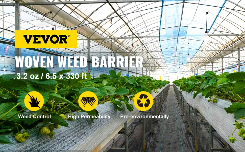 VEVOR weed barrier fabric in a greenhouse with strawberry plants and benefits icons.