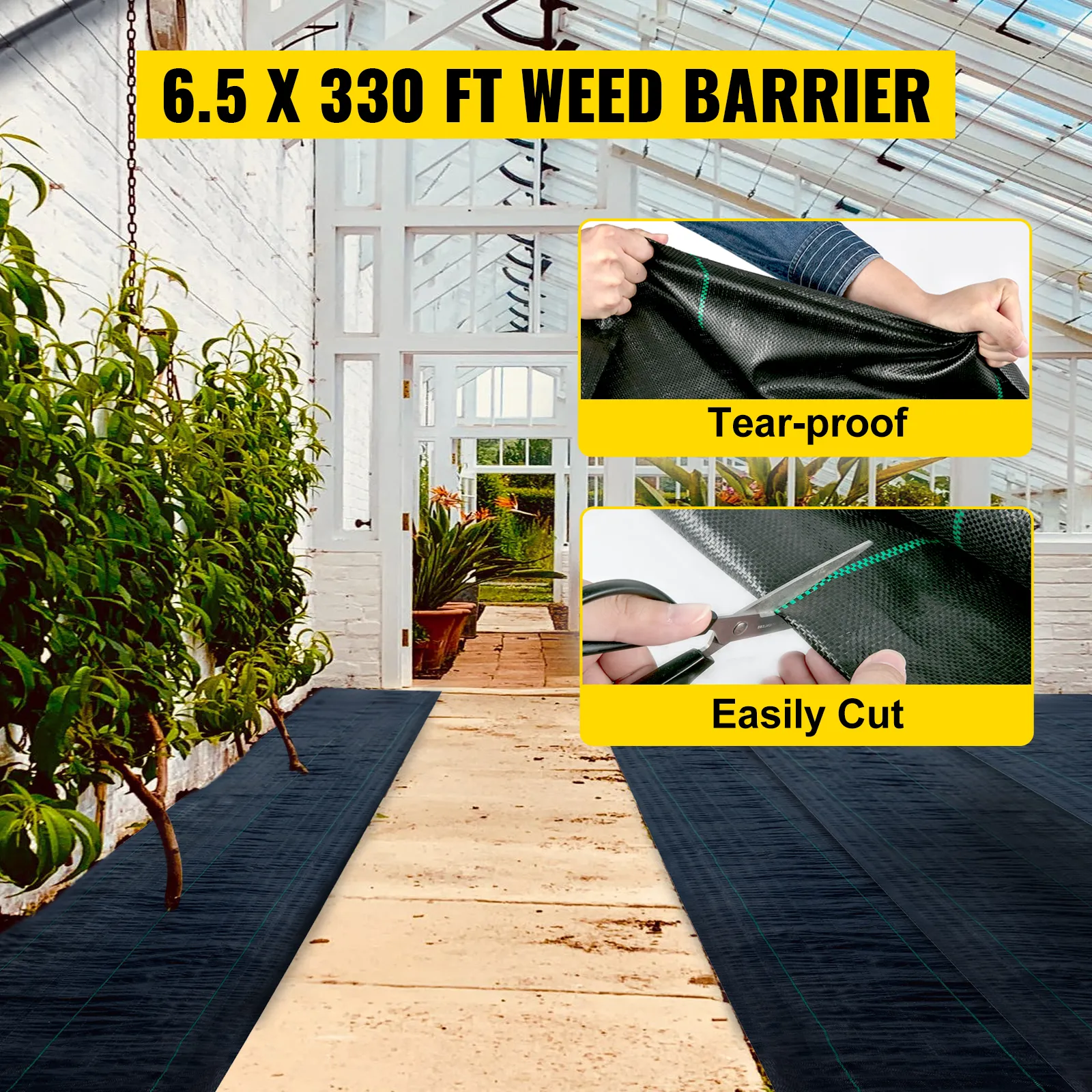 greenhouse with VEVOR weed barrier fabric, shown tear-proof and easily cut.
