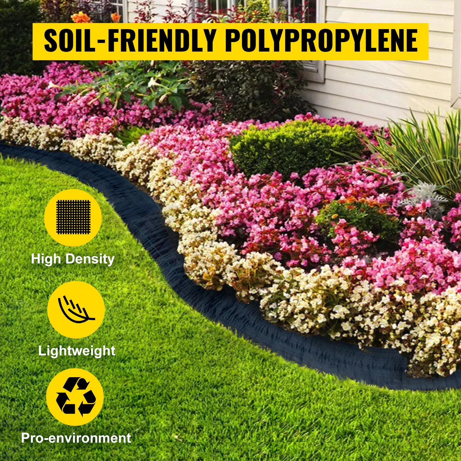 VEVOR weed barrier fabric protecting flower bed with pink and white blossoms.