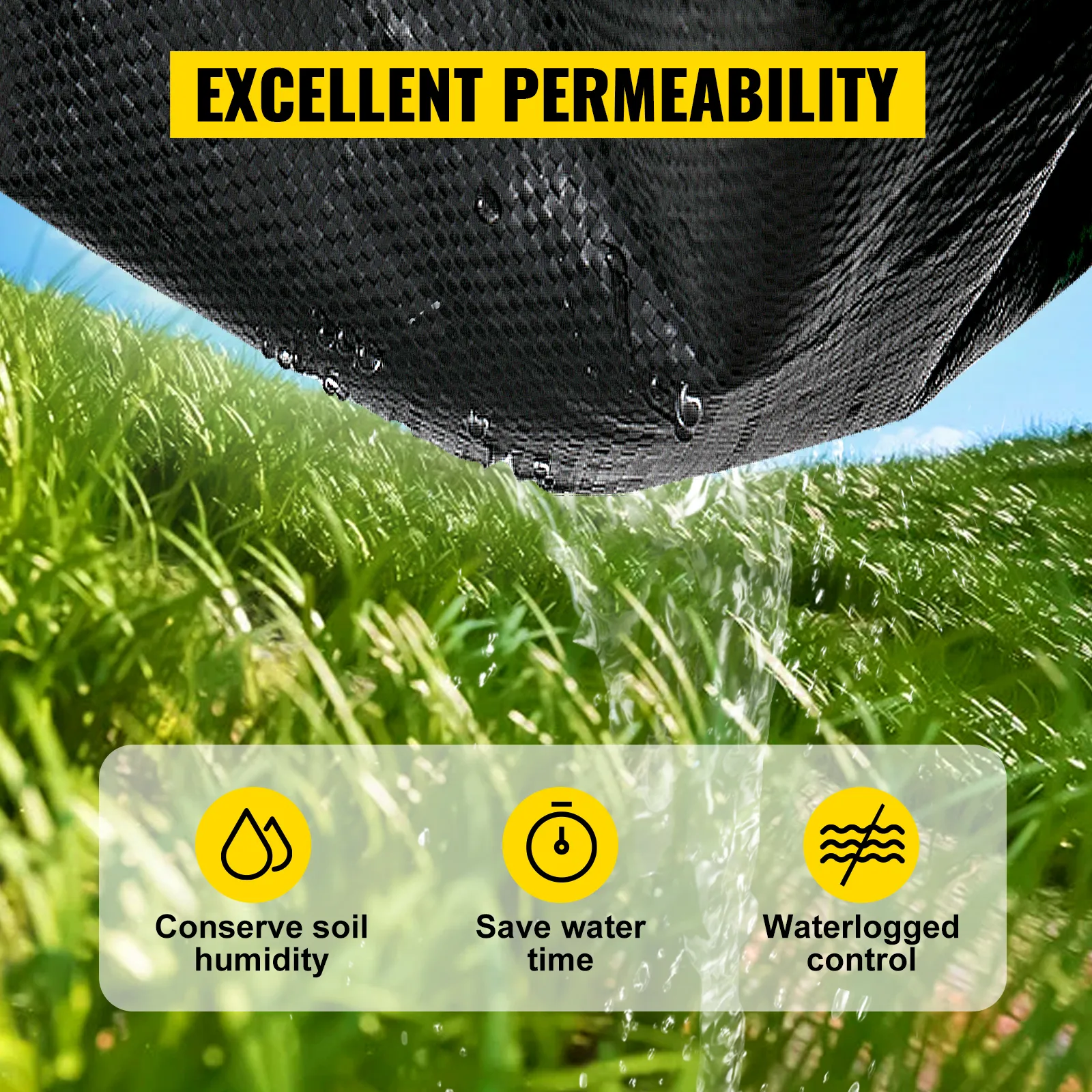 VEVOR weed barrier fabric ensuring excellent permeability over green grass.
