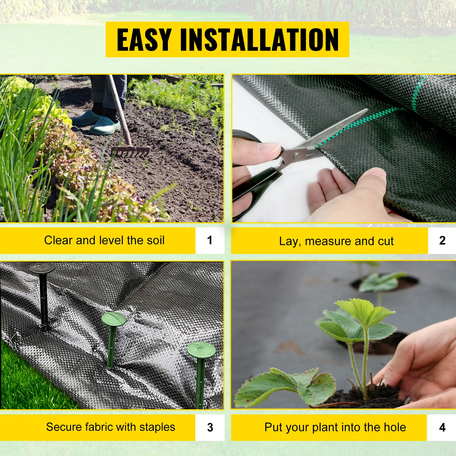 easy installation steps for VEVOR weed barrier fabric in a garden.