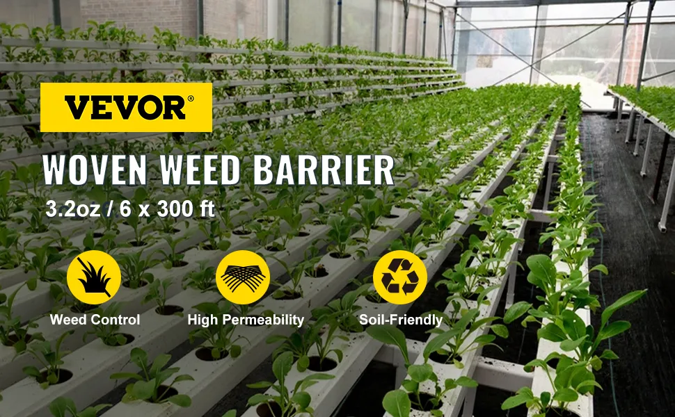 VEVOR weed barrier fabric used in a greenhouse with growing plants on racks.
