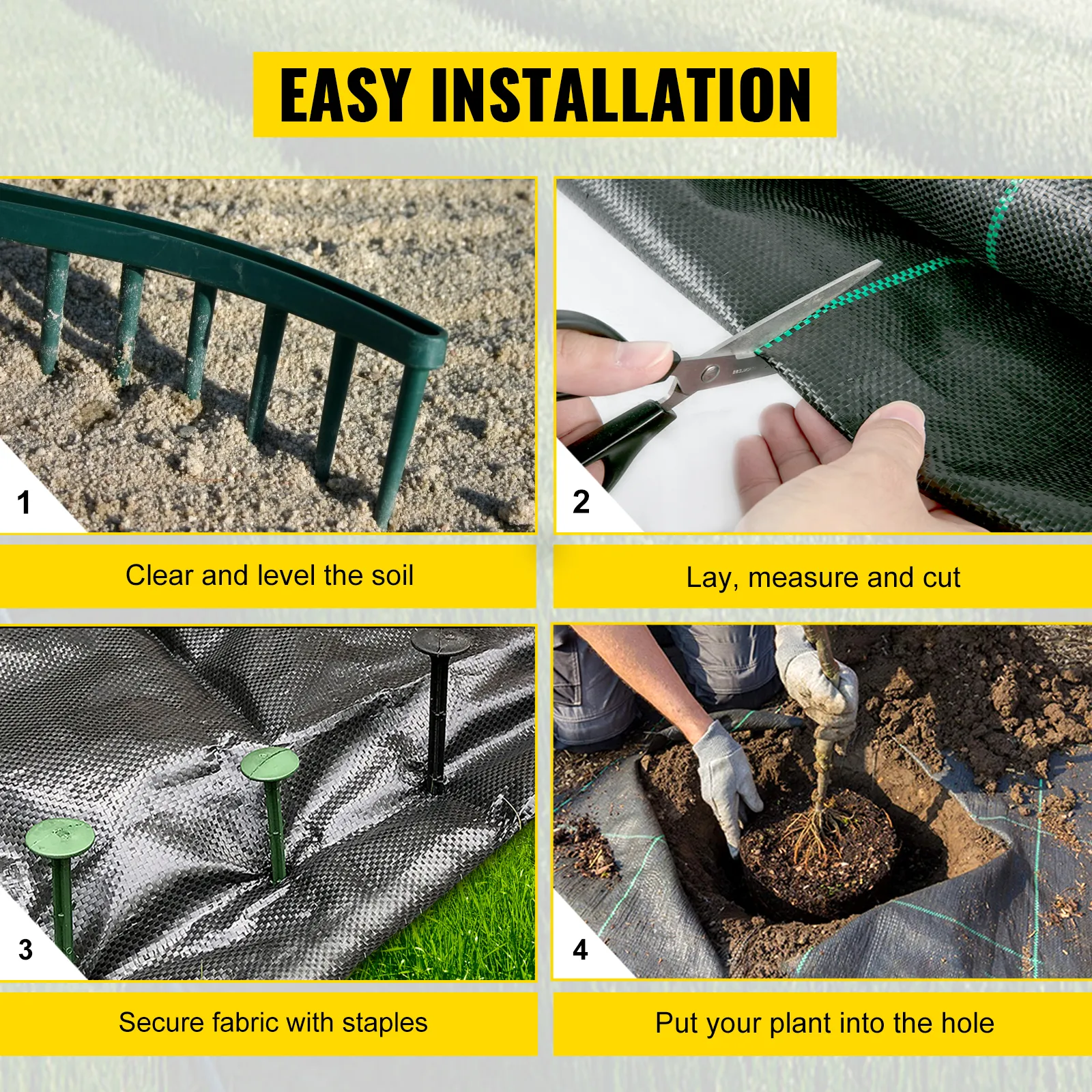VEVOR weed barrier fabric installation steps: clear soil, measure, secure with staples, plant.