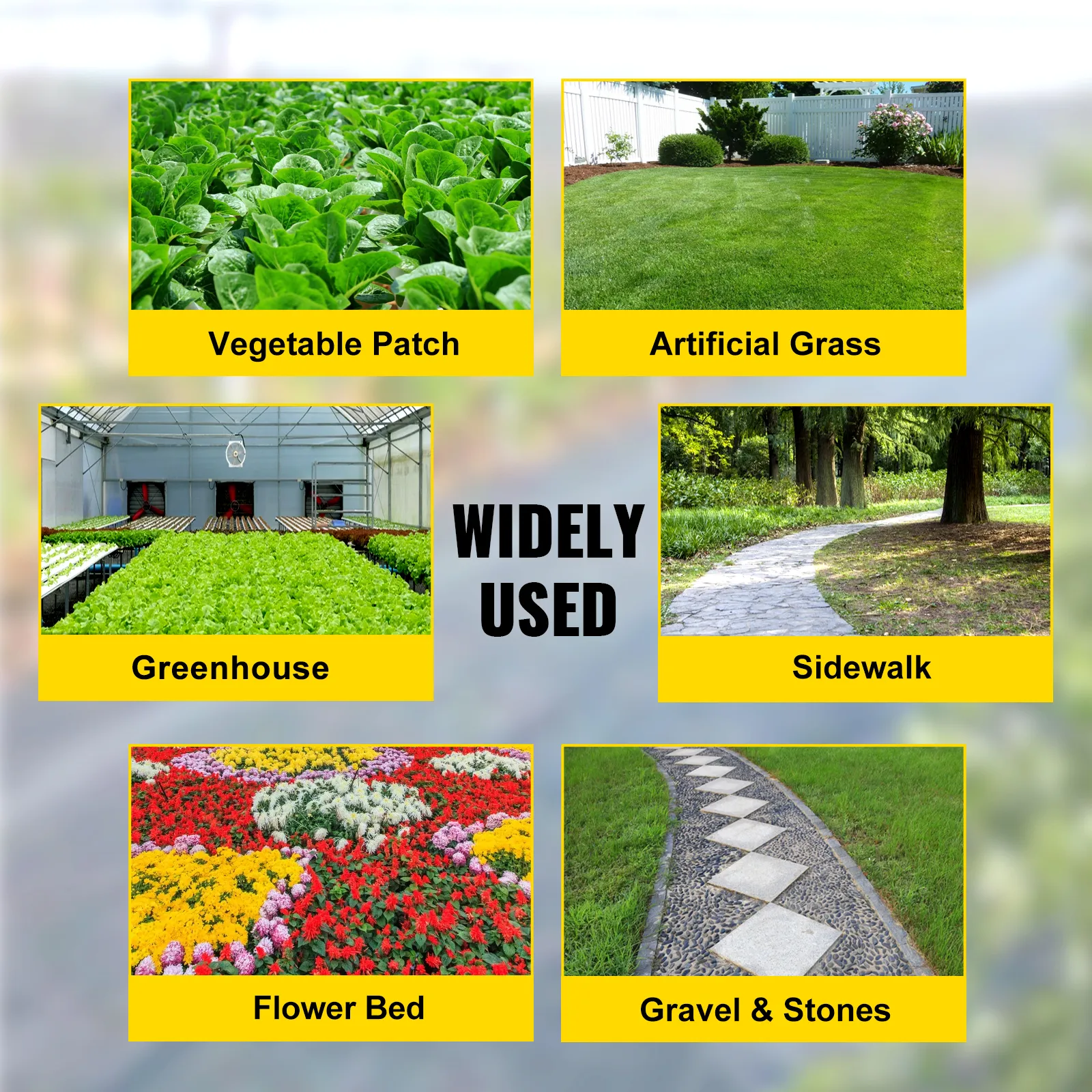 VEVOR weed barrier fabric usage in vegetable patch, artificial grass, greenhouse, sidewalk, flower bed, and gravel & stones.