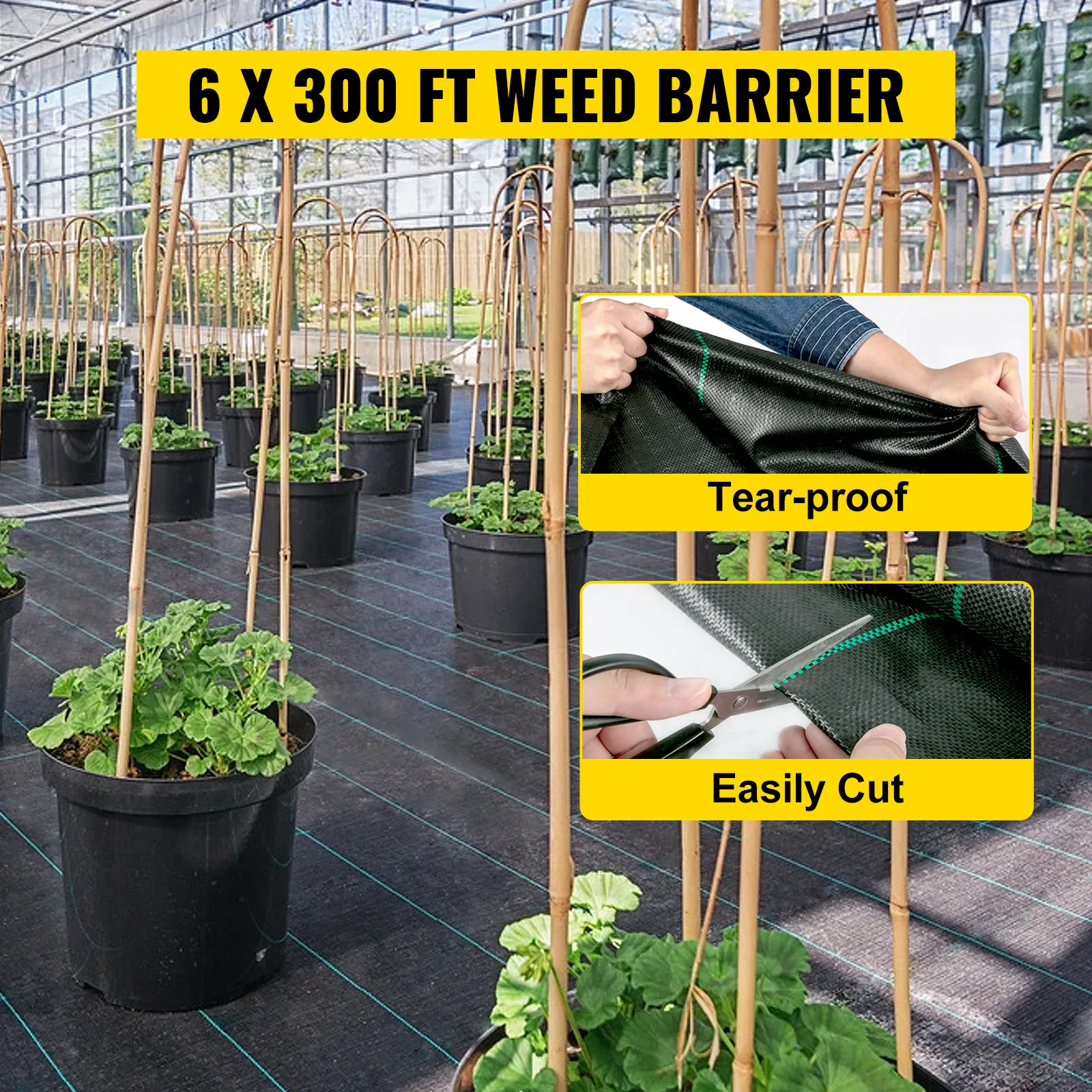 VEVOR weed barrier fabric: tear-proof and easily cut, 6 x 300 ft, in greenhouse garden.