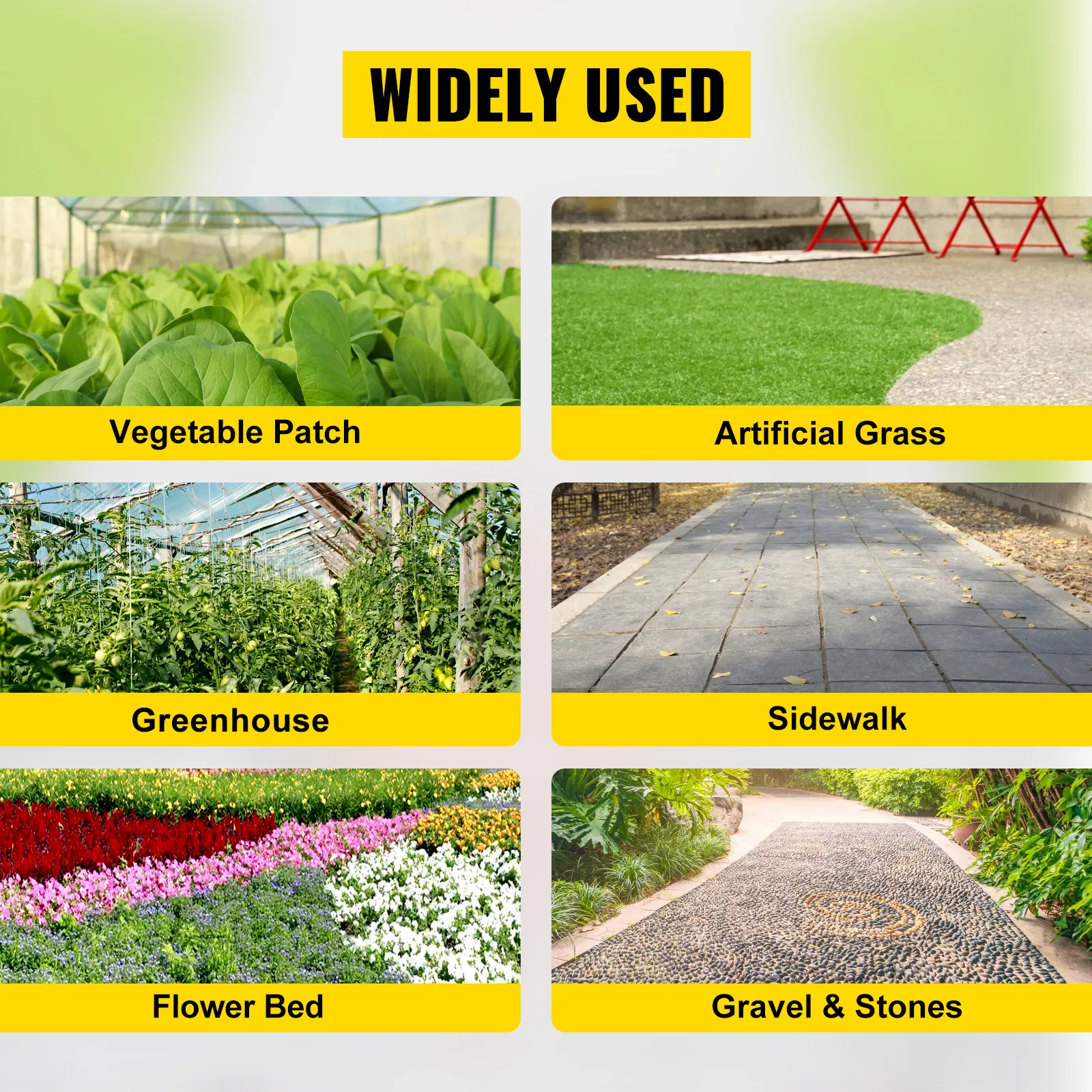 widely used VEVOR weed barrier fabric on vegetable patches, artificial grass, greenhouses, sidewalks, flower beds, and gravel pathways.