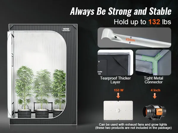 VEVOR grow tent with plants, 22mm frame, tearproof layer, tight connectors, 150w light, and 4-inch fan.