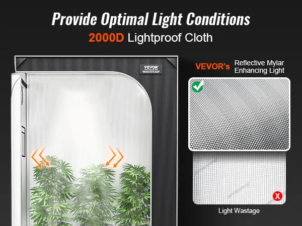 VEVOR grow tent with 2000d lightproof cloth, reflective mylar, optimal light conditions for plants.