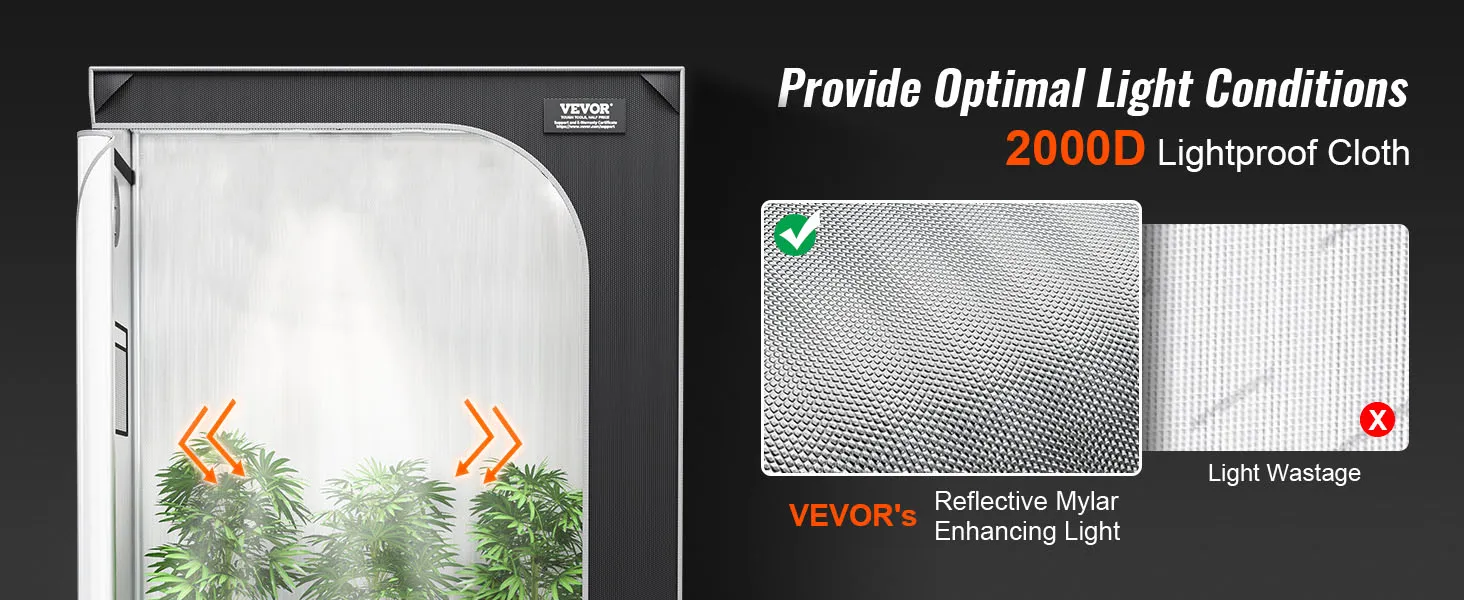 VEVOR grow tent with 2000d lightproof cloth, reflective mylar, optimal light conditions for plants.