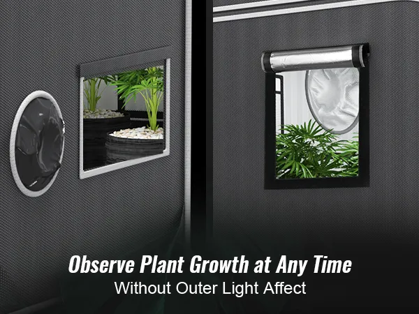 VEVOR grow tent with observational windows and plants inside, ensuring no outer light affects growth.