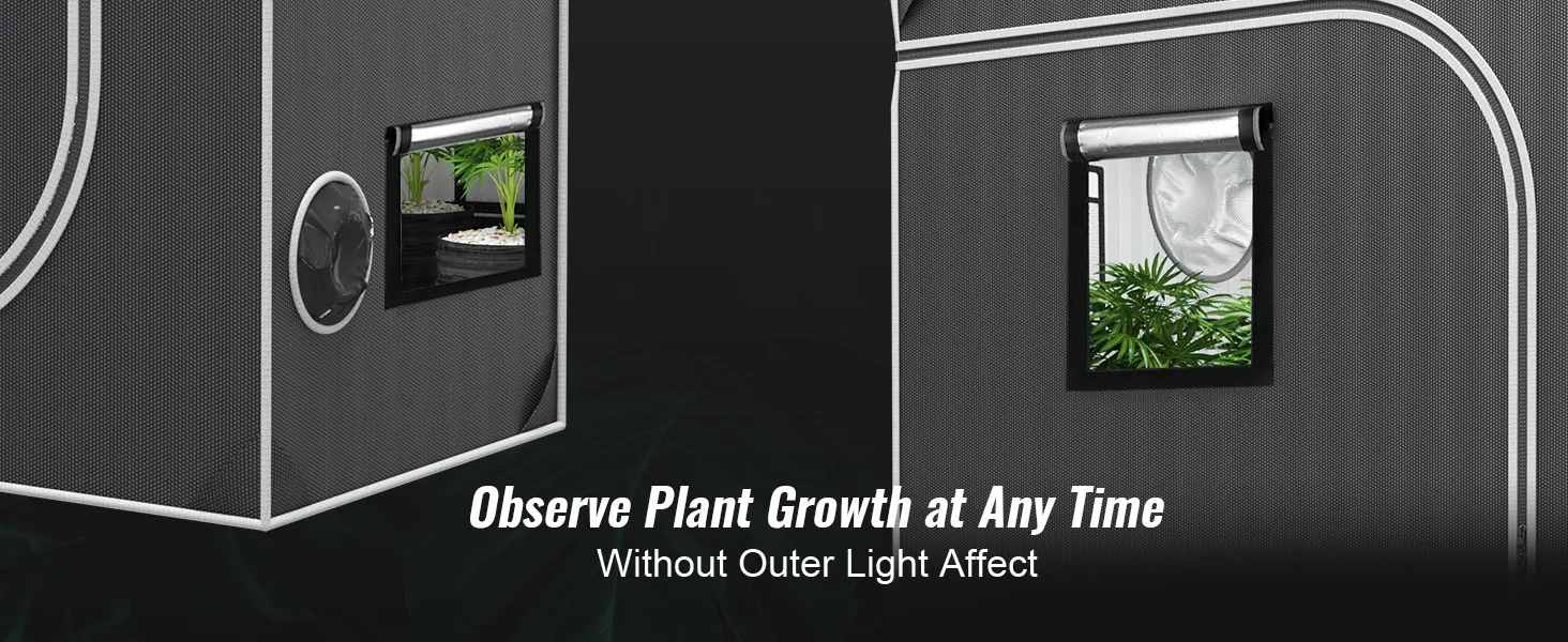 VEVOR grow tent with observational windows and plants inside, ensuring no outer light affects growth.