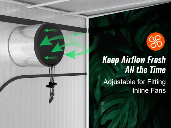inline fan vent with arrows showing airflow in a VEVOR grow tent. text: keep airflow fresh all the time.