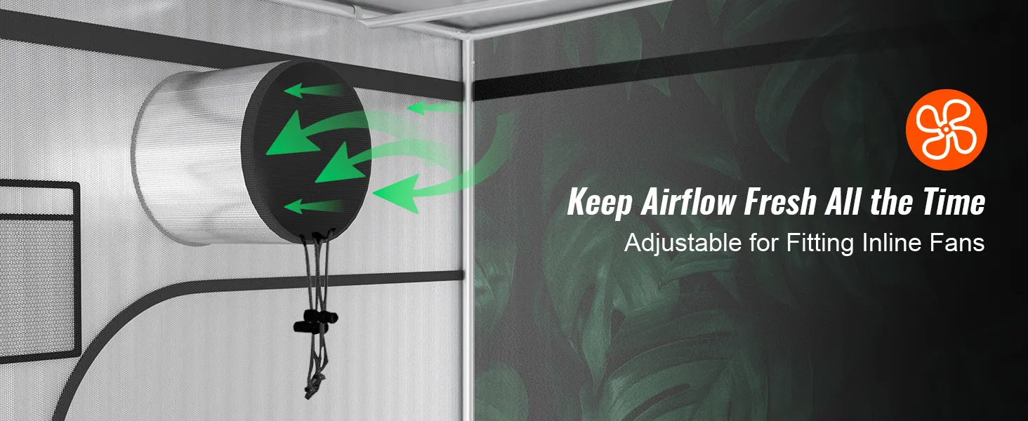 inline fan vent with arrows showing airflow in a VEVOR grow tent. text: keep airflow fresh all the time.