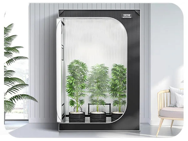 VEVOR grow tent with plants, indoor setup, white chair, potted plant, and wall décor.