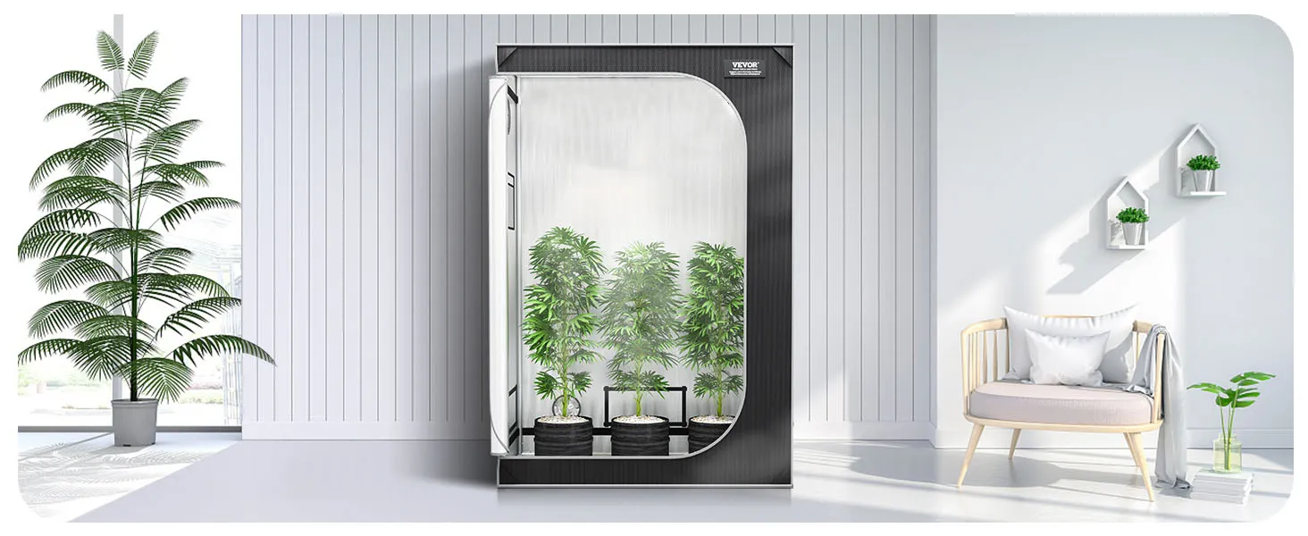 VEVOR grow tent with plants, indoor setup, white chair, potted plant, and wall décor.