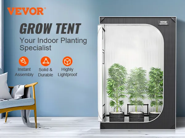 VEVOR grow tent with plants, highlighting instant assembly, solid durability, and high lightproof features.