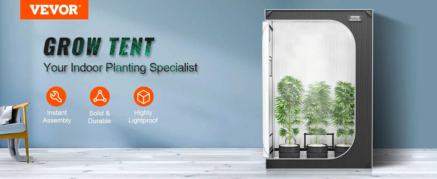 VEVOR grow tent with plants, highlighting instant assembly, solid durability, and high lightproof features.