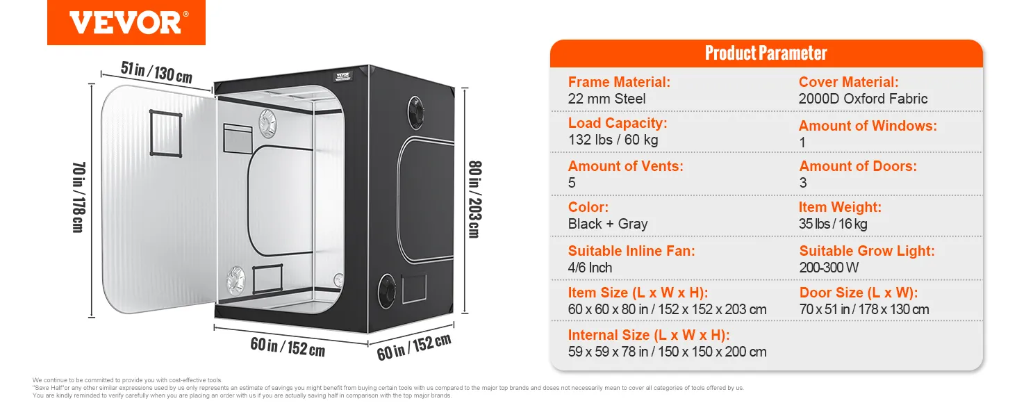 Especificaciones de la carpa de cultivo VEVOR que incluyen dimensiones, material del marco, capacidad de carga, ventilaciones, puertas y más.